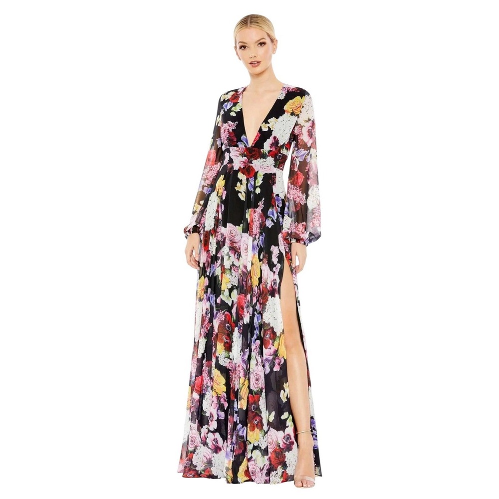Mac Duggal 55660 Floral Flowy Chiffon Side Slit Dress‎ Size 4 $498
